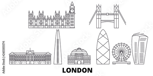 United Kingdom, London flat travel skyline set. United Kingdom, London black city vector panorama, illustration, travel sights, landmarks, streets.