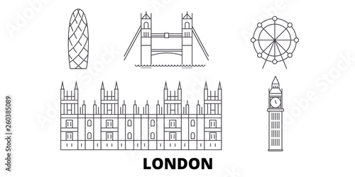 United Kingdom, London City flat travel skyline set. United Kingdom, London City black city vector panorama, illustration, travel sights, landmarks, streets.