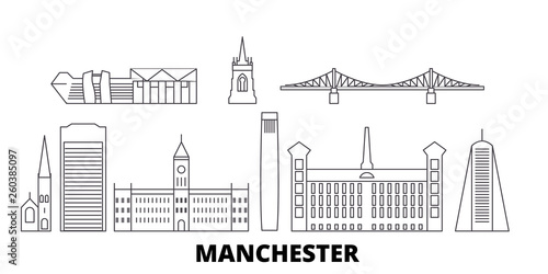 United Kingdom, Manchester flat travel skyline set. United Kingdom, Manchester black city vector panorama, illustration, travel sights, landmarks, streets.