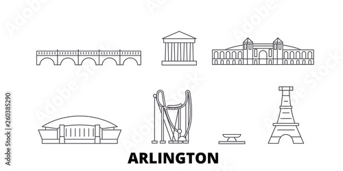 United States, Arlington flat travel skyline set. United States, Arlington black city vector panorama, illustration, travel sights, landmarks, streets.