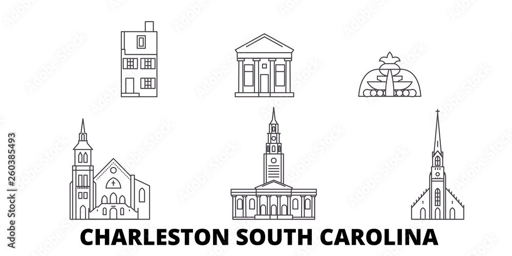 Obraz premium Stany Zjednoczone, zestaw panoramę płaskich podróży Charleston South Carolina. Stany Zjednoczone, Charleston South Carolina czarna panorama wektorowa miasta, ilustracja, zabytki turystyczne, zabytki, ulice.