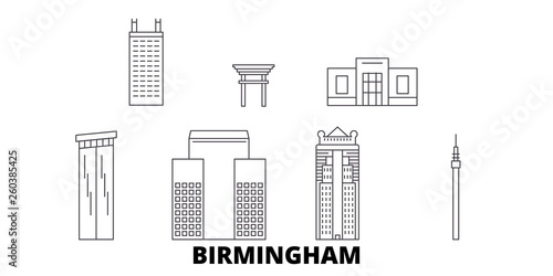 United States, Birmingham flat travel skyline set. United States, Birmingham black city vector panorama, illustration, travel sights, landmarks, streets.