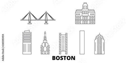 United States, Boston City flat travel skyline set. United States, Boston City black city vector panorama, illustration, travel sights, landmarks, streets.