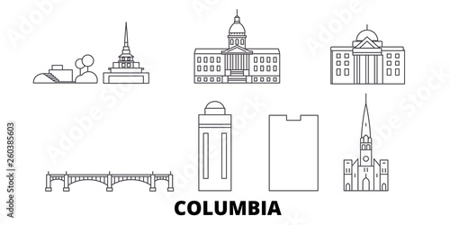 United States, Columbia flat travel skyline set. United States, Columbia black city vector panorama, illustration, travel sights, landmarks, streets.