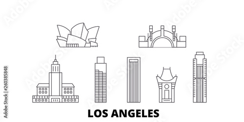 United States, Los Angeles flat travel skyline set. United States, Los Angeles black city vector panorama, illustration, travel sights, landmarks, streets.