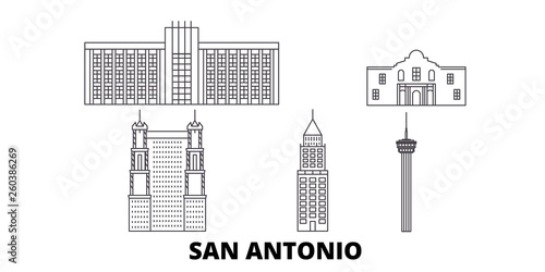 United States, San Antonio flat travel skyline set. United States, San Antonio black city vector panorama, illustration, travel sights, landmarks, streets.