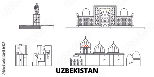 Uzbekistan flat travel skyline set. Uzbekistan black city vector panorama, illustration, travel sights, landmarks, streets.