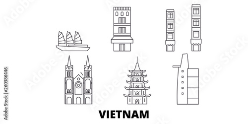 Vietnam flat travel skyline set. Vietnam black city vector panorama, illustration, travel sights, landmarks, streets.