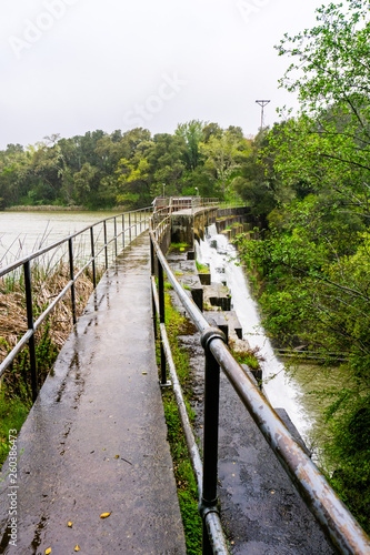 The dam at Searsville Lake located in Jasper Ridge Biological Preserve on a rainy day, San Francisco bay area, California