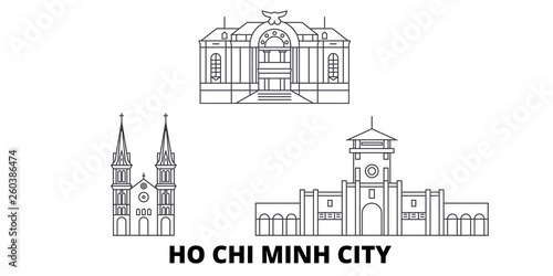 Vietnam, Ho Chi Minh City flat travel skyline set. Vietnam, Ho Chi Minh City black city vector panorama, illustration, travel sights, landmarks, streets.