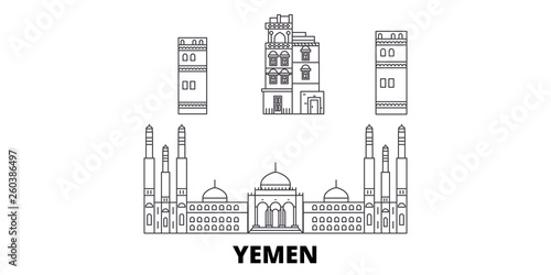 Yemen, Sanaa flat travel skyline set. Yemen, Sanaa black city vector panorama, illustration, travel sights, landmarks, streets. photo