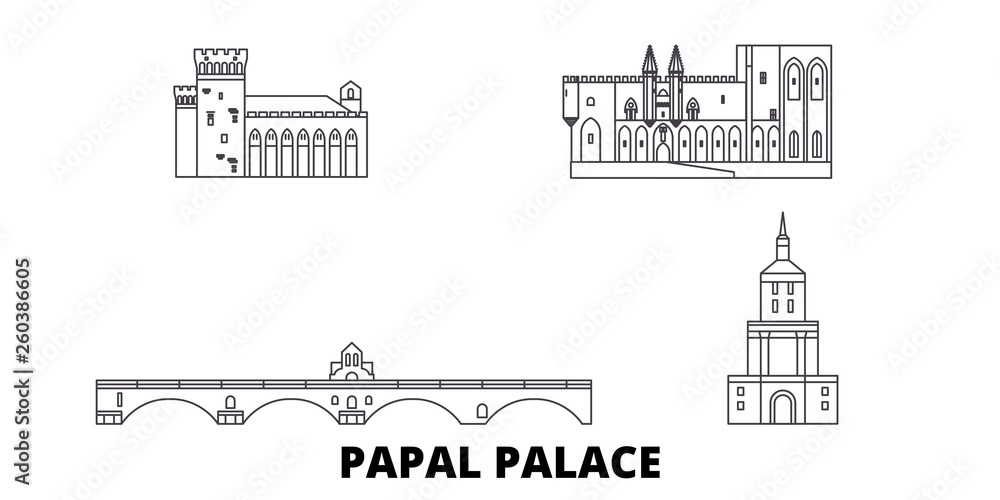 France,Papal Palace, Episcopal Ensemble Avignon Bridge flat travel skyline set. France,Papal Palace, Episcopal Ensemble Avignon Bridge black city vector panorama, illustration, travel sights