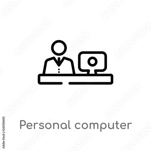 Fototapeta Naklejka Na Ścianę i Meble -  outline personal computer and worker vector icon. isolated black simple line element illustration from computer concept. editable vector stroke personal computer and worker icon on white background