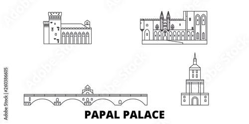 Obraz na płótnie France,Papal Palace, Episcopal Ensemble Avignon Bridge flat travel skyline set. France,Papal Palace, Episcopal Ensemble Avignon Bridge black city vector panorama, illustration, travel sights w salonie