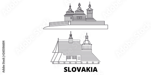 Slovakia, Wooden Churches In The Carpathian Mountain Area flat travel skyline set. Slovakia, Wooden Churches In The Carpathian Mountain Area black city vector panorama, illustration, travel sights