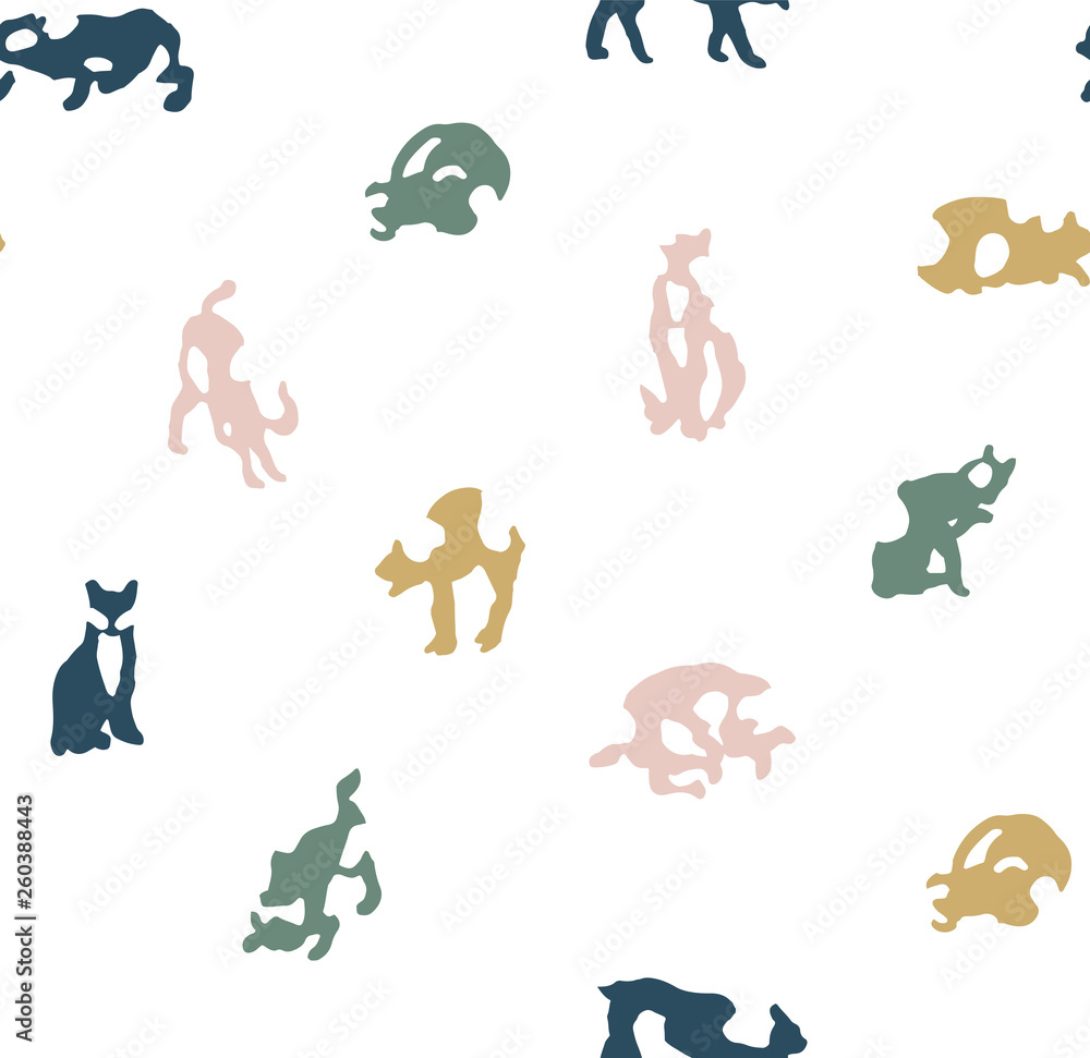 Simple and cute cartoon cats in different positions. Seamless pattern ready to use, with white background. Hand drawn background kittens for fashion, textile, wrapping paper and wallpaper Simple and cute cartoon cats in different positions. Seamless pattern ready to use, with white background. Hand drawn background kittens for fashion, textile, wrapping paper and wallpaper