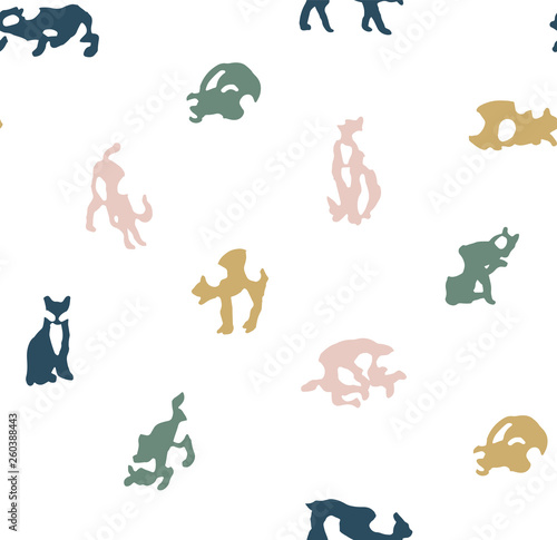 Simple and cute cartoon cats in different positions. Seamless pattern ready to use, with white background. Hand drawn background kittens for fashion, textile, wrapping paper and wallpaper