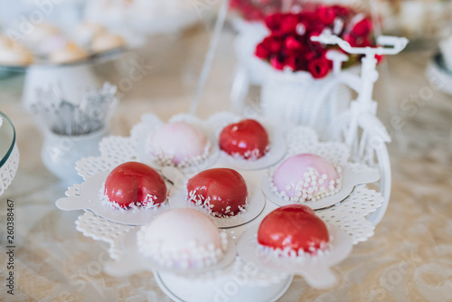 Sweet desserts on a festive buffet. Desserts for the holiday. Sweets at the restaurant.