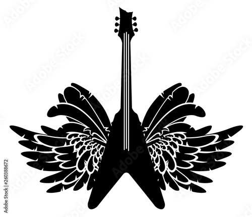 Vector black and white illustration with electric guitar and wings. Can be used for flyers, posters, t-shirt design, tattoo, icon, logo