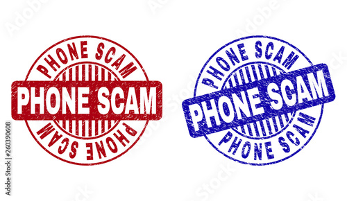 Grunge PHONE SCAM round stamp seals isolated on a white background. Round seals with grunge texture in red and blue colors. Vector rubber imitation of PHONE SCAM tag inside circle form with stripes.