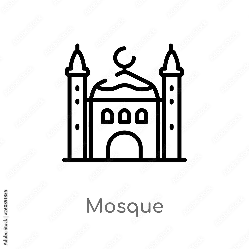 Fototapeta premium outline mosque vector icon. isolated black simple line element illustration from desert concept. editable vector stroke mosque icon on white background