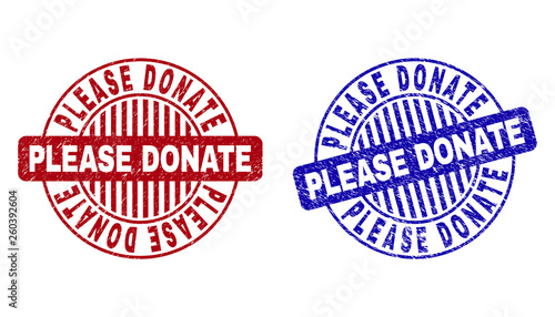 Grunge PLEASE DONATE round stamp seals isolated on a white background. Round seals with grunge texture in red and blue colors.