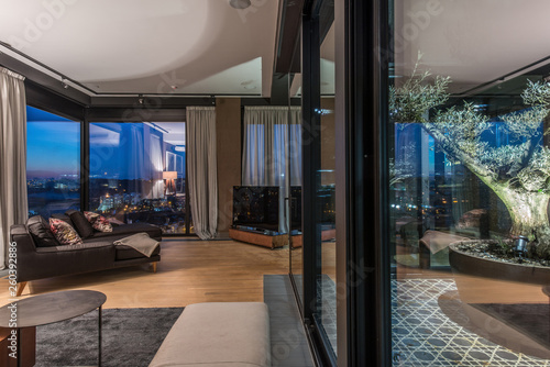 Interior of a living room in a luxury penthouse apartment