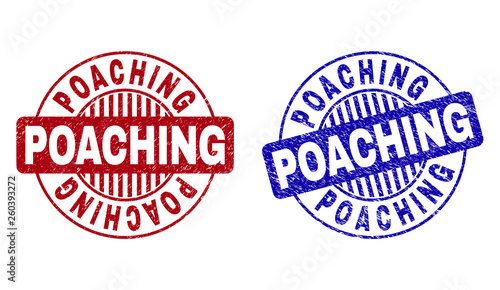 Grunge POACHING round stamp seals isolated on a white background. Round seals with grunge texture in red and blue colors. Vector rubber imprint of POACHING label inside circle form with stripes.