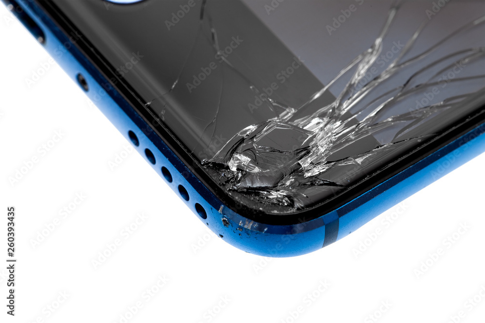 smartphone with broken glass screen close-up of the angle of the phone isolated on a white background. smartphone with broken glass screen close-up of the angle of the phone isolated on a white background.