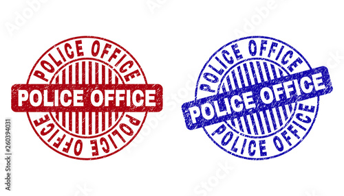 Grunge POLICE OFFICE round stamp seals isolated on a white background. Round seals with grunge texture in red and blue colors.