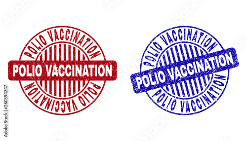 Grunge POLIO VACCINATION round stamp seals isolated on a white background. Round seals with grunge texture in red and blue colors.