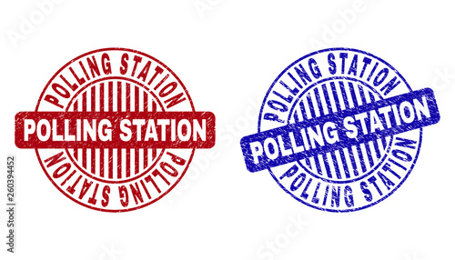 Grunge POLLING STATION round stamp seals isolated on a white background. Round seals with distress texture in red and blue colors.