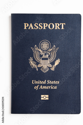 The iconic dark blue hard cover with gold stamping of an American passport set on a plain white background.