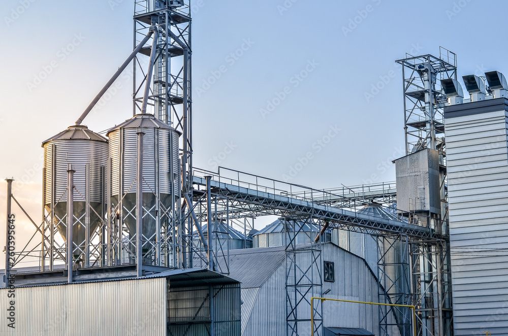 Loading railway carriages with grain at grain elevator. Loading railway carriages with grain at grain elevator.