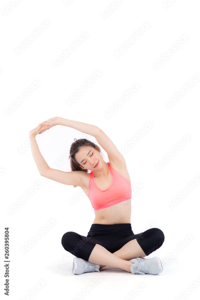 Beautiful portrait young asian woman sitting stretch muscle arm isolated on white background, girl wear sport clothes exercise and yoga for health, wellness concept. Beautiful portrait young asian woman sitting stretch muscle arm isolated on white background, girl wear sport clothes exercise and yoga for health, wellness concept.