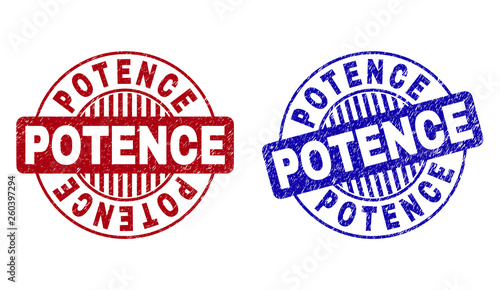 Grunge POTENCE round stamp seals isolated on a white background. Round seals with grunge texture in red and blue colors. Vector rubber imprint of POTENCE title inside circle form with stripes.