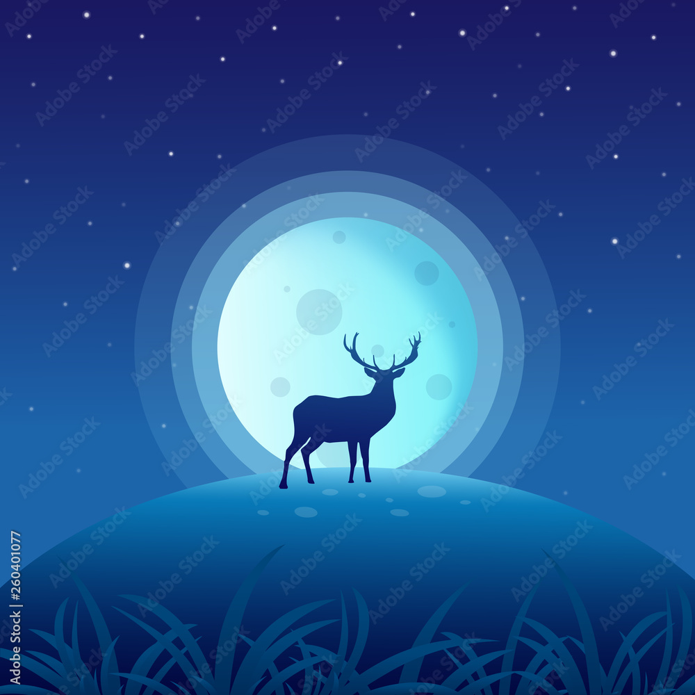 Deer on night with full moon. Vector illustration Deer on night with full moon. Vector illustration
