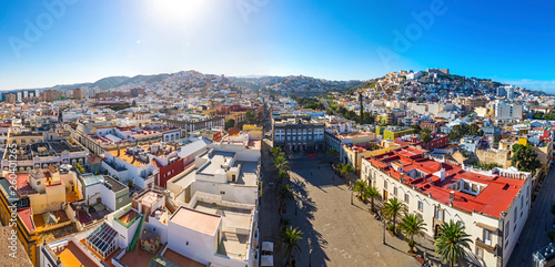 Panorama of Las Palmas de Gran Canaria city, Canary Islands, Spain. Aerial view from belltower of the Cathedral of Santa Ana. Plaza de Santa Ana and old town on the background