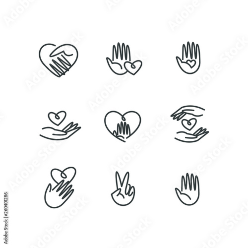 Charity Volunteer Collaboration Heart Love Hands Icon Set	