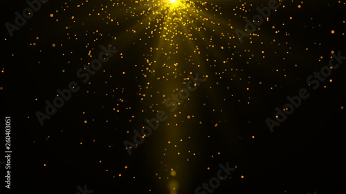 Gold lights shining .golden background with shiny  stars and rays.Sparkles or particle glitter lighting . Merry Christmas festive abstract background