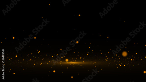 Gold bokeh defocused lights glitter powder splash background. Golden dust. Magic mist glowing. 