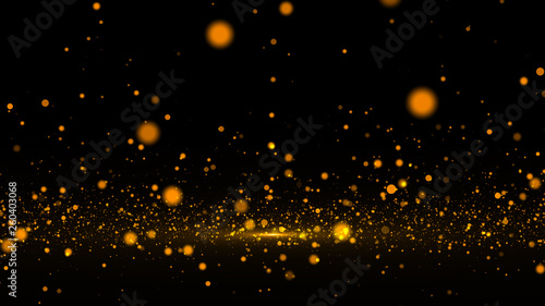 Gold bokeh defocused lights glitter powder splash background. Golden dust. Magic mist glowing. 