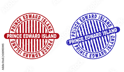 Grunge PRINCE EDWARD ISLAND round stamp seals isolated on a white background. Round seals with grunge texture in red and blue colors.