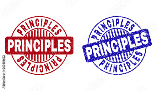 Grunge PRINCIPLES round stamp seals isolated on a white background. Round seals with grunge texture in red and blue colors. Vector rubber imprint of PRINCIPLES title inside circle form with stripes.
