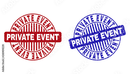 Grunge PRIVATE EVENT round stamp seals isolated on a white background. Round seals with grunge texture in red and blue colors.