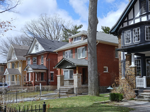 Photography Row of large old  detached brick houses with mature trees in the front yard