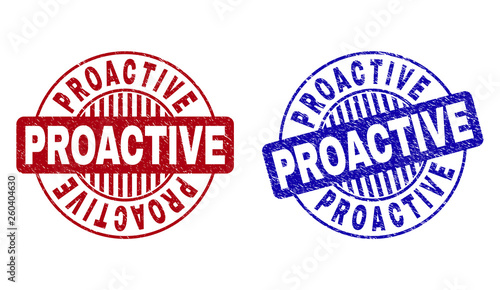 Grunge PROACTIVE round stamp seals isolated on a white background. Round seals with grunge texture in red and blue colors. Vector rubber imitation of PROACTIVE caption inside circle form with stripes.