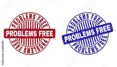Grunge PROBLEMS FREE round stamp seals isolated on a white background. Round seals with grunge texture in red and blue colors.