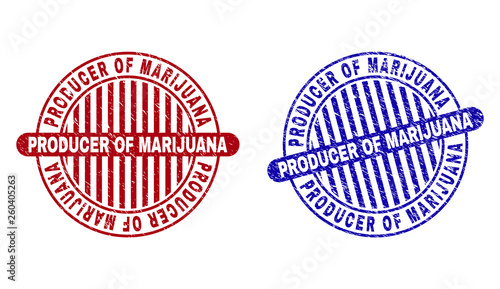 Grunge PRODUCER OF MARIJUANA round stamp seals isolated on a white background. Round seals with grunge texture in red and blue colors.
