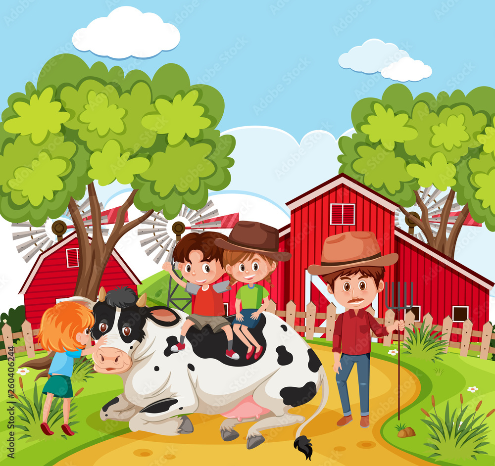 Children playing with cow Children playing with cow